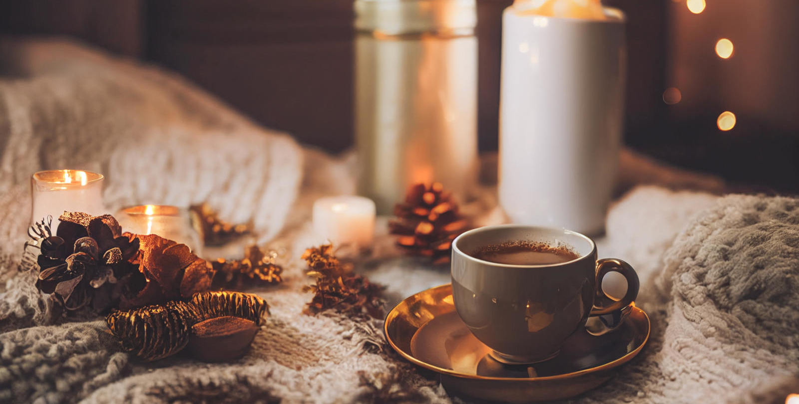 Nahaufnahme einer Teetasse mit herbstlicher Deko und Kerzen im Hintergrund, Symbolbild für Wohntrends 2025 für Herbst und Winter