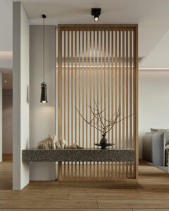 Ein moderner Raumteiler aus Holzlamellen mit Regal kann ein Element einer kreativen Raumaufteilung für große Räume sein. 