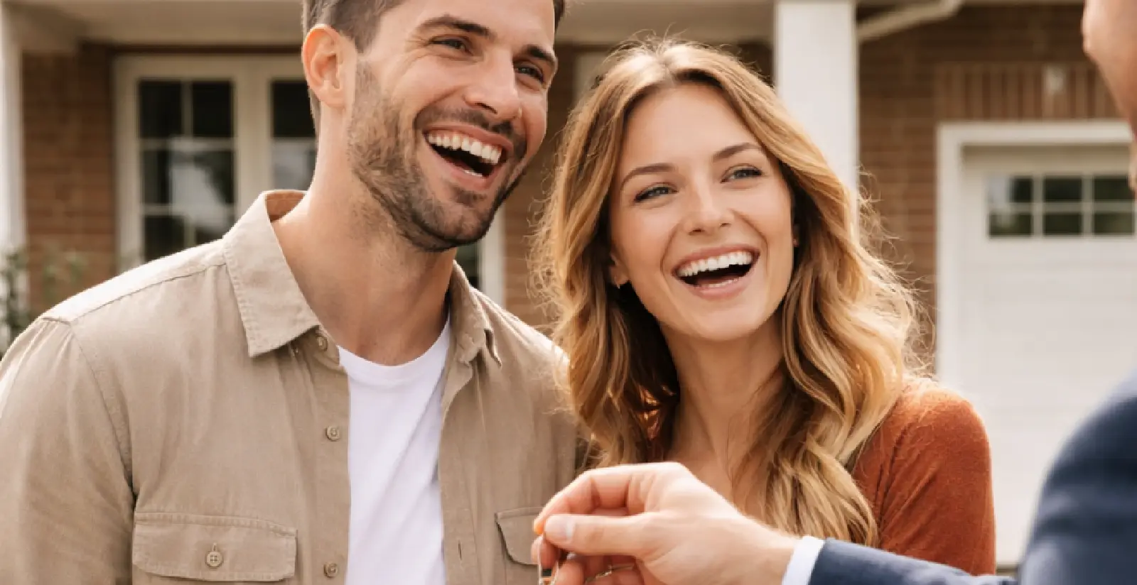 Ein Paar freut sich über die Übergabe ihrer Hausschlüssel.