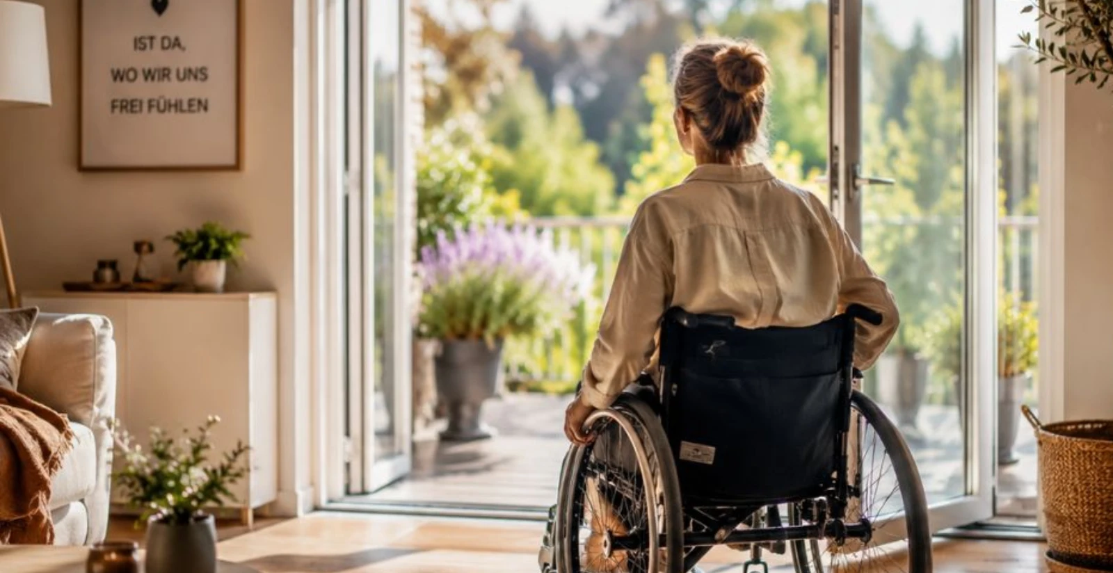 Frau im Rollstuhl schaut vom Wohnzimmer aus in den Garten